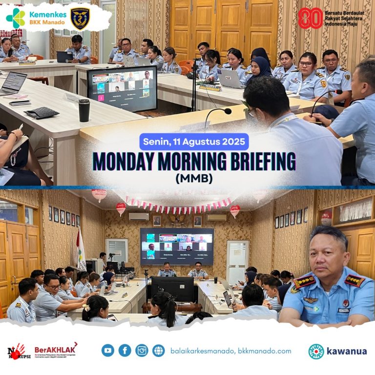 Monday Morning Briefing (MMB) dipimpin oleh Bapak Kepala Kantor drrg. Resi Arisandi, MM, MH, SH, MMB diikuti oleh seluruh ASN, PPNPN & Tenaga Ahli Daya untuk mengkoordinasikan seluruh program dan rencana kegiatan seminggu kedepan.